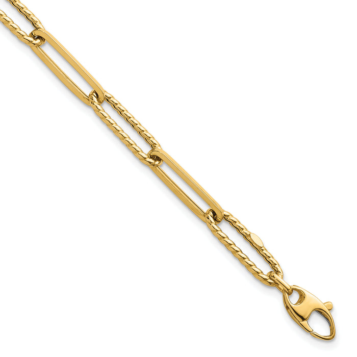 14k Polished and Textured 7.5in Paperclip Link Bracelet-SF3119-7.5