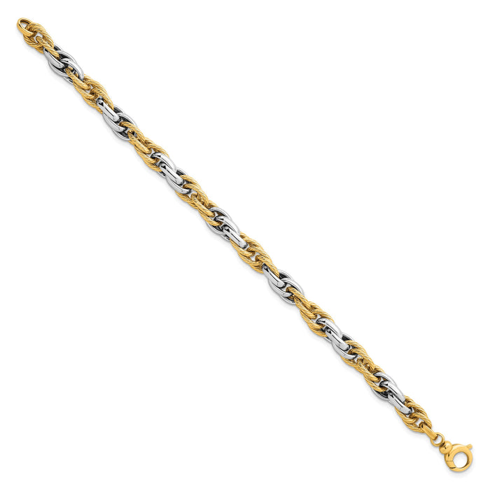 14k Two-tone Polished Textured Fancy Rope Link Bracelet-SF3125-7