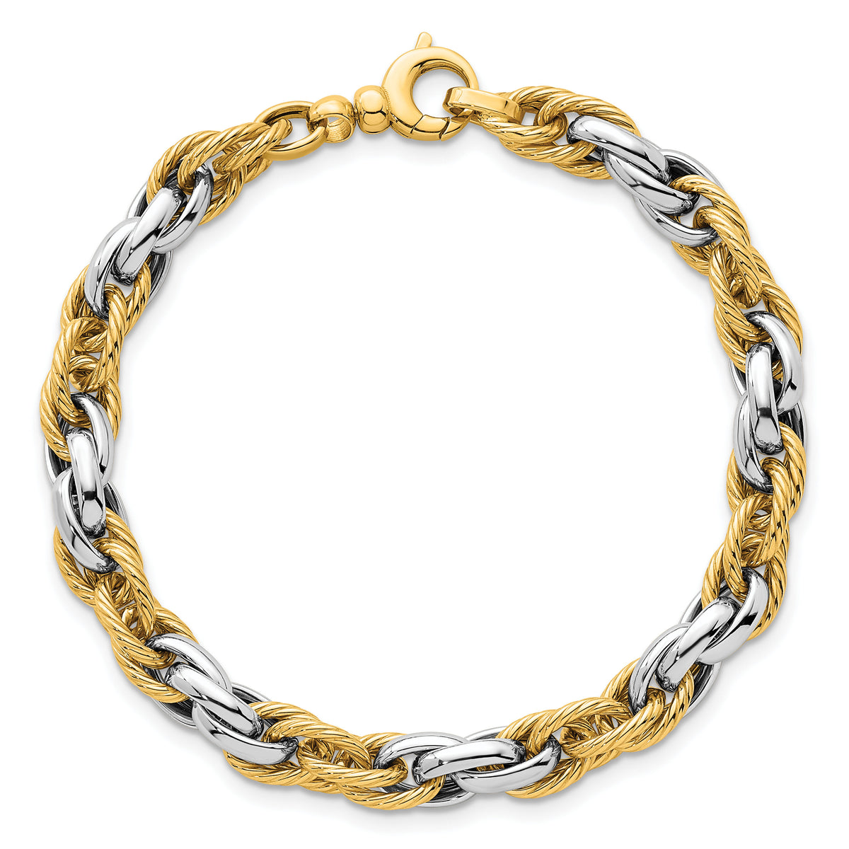 14k Two-tone Polished Textured Fancy Rope Link Bracelet-SF3125-7