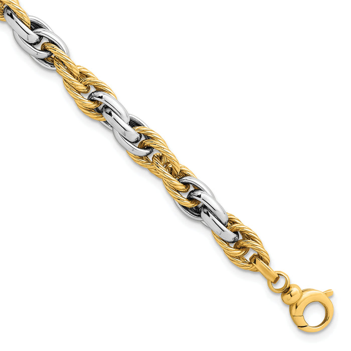 14k Two-tone Polished Textured Fancy Rope Link Bracelet-SF3125-7