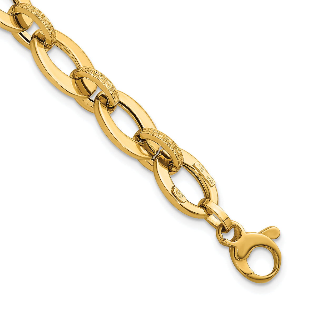 14K Polished and Textured Greek Key 7.75in Fancy Link Bracelet-SF3140-7.75