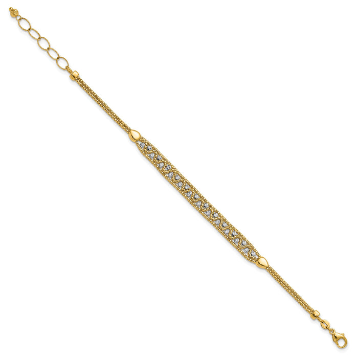 14k Two-Tone Textured and D/C Beaded w/1 inch ext Bracelet-SF3152-7.5