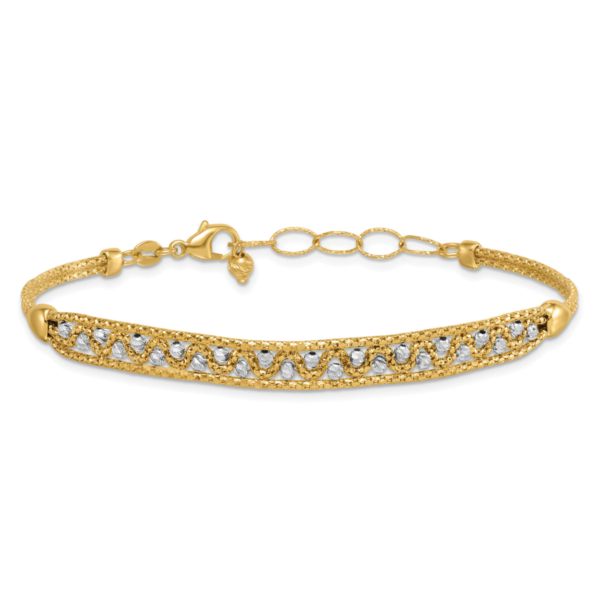 14k Two-Tone Textured and D/C Beaded w/1 inch ext Bracelet-SF3152-7.5