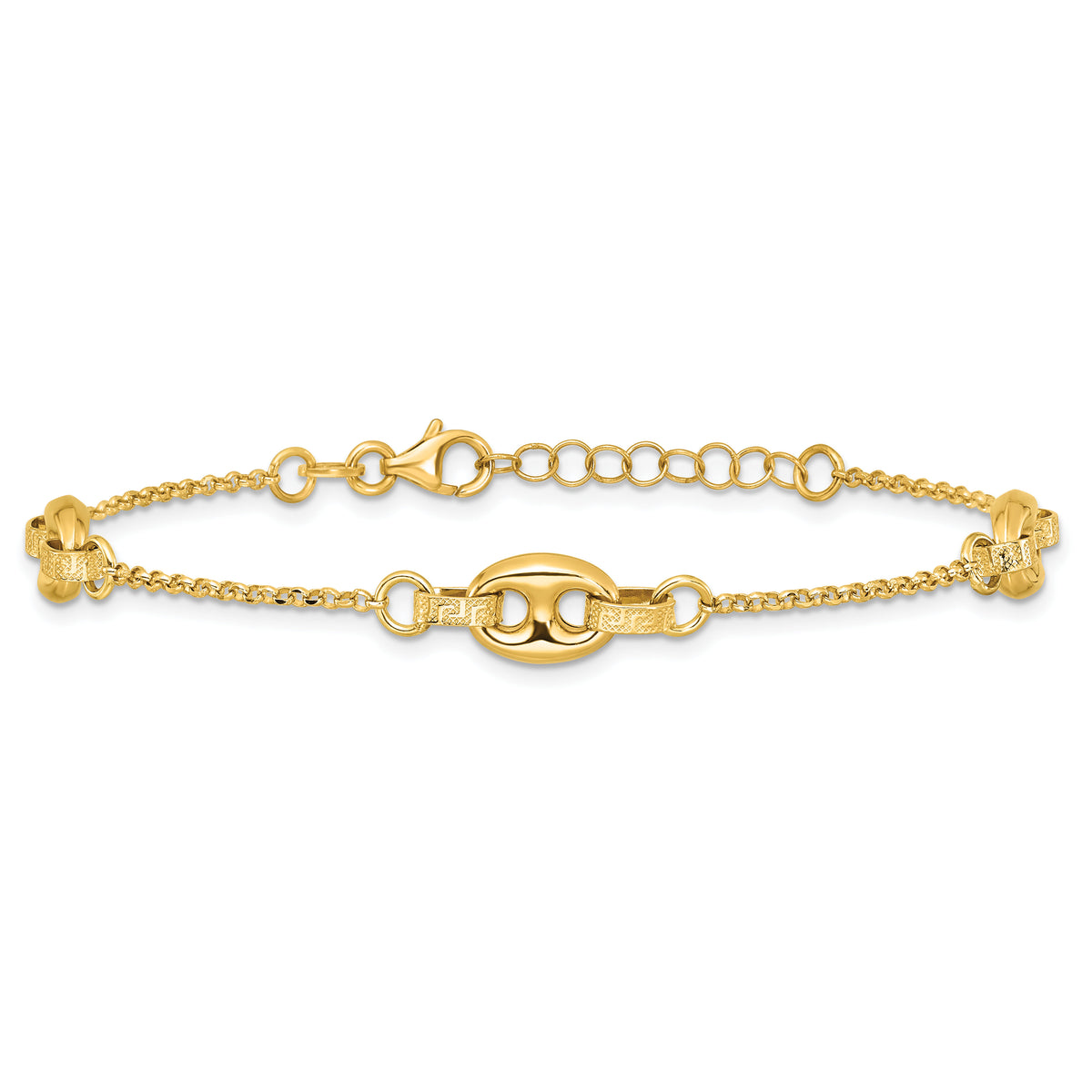 14K Polished and Textured Greek Key 7.25 w/1in ext. Link Bracelet-SF3163-7.25