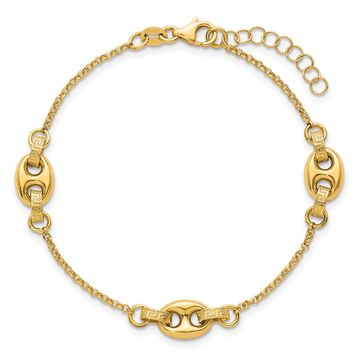 14K Polished and Textured Greek Key 7.25 w/1in ext. Link Bracelet-SF3163-7.25