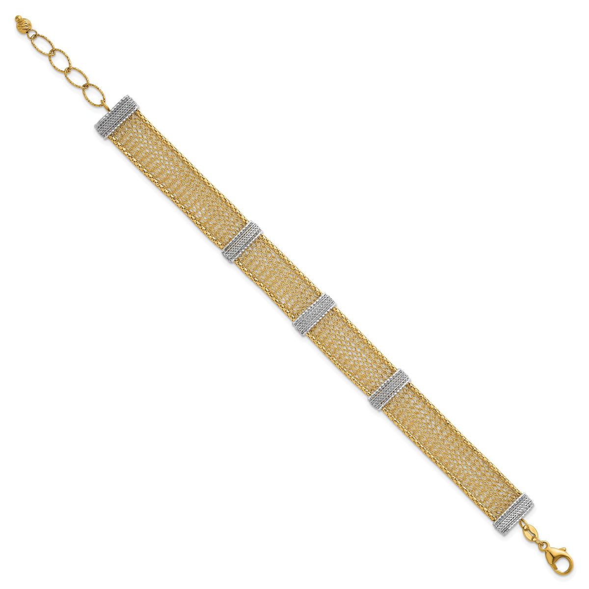 14k Two-tone Textured Mesh 6.75in with 1in ext Bracelet-SF3168-6.75