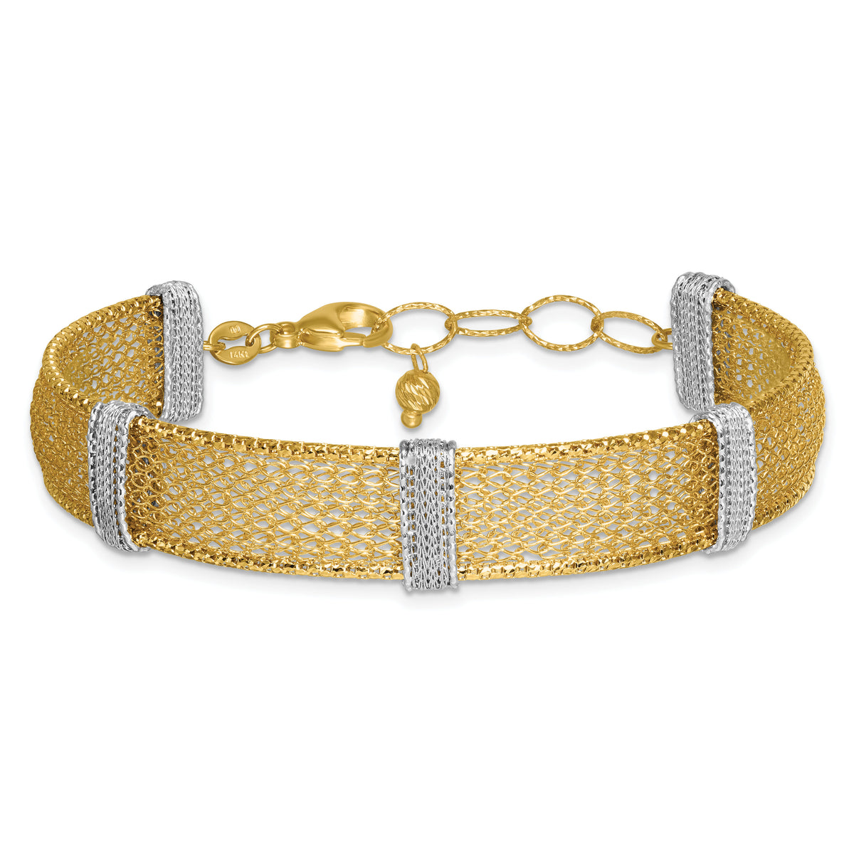 14k Two-tone Textured Mesh 6.75in with 1in ext Bracelet-SF3168-6.75
