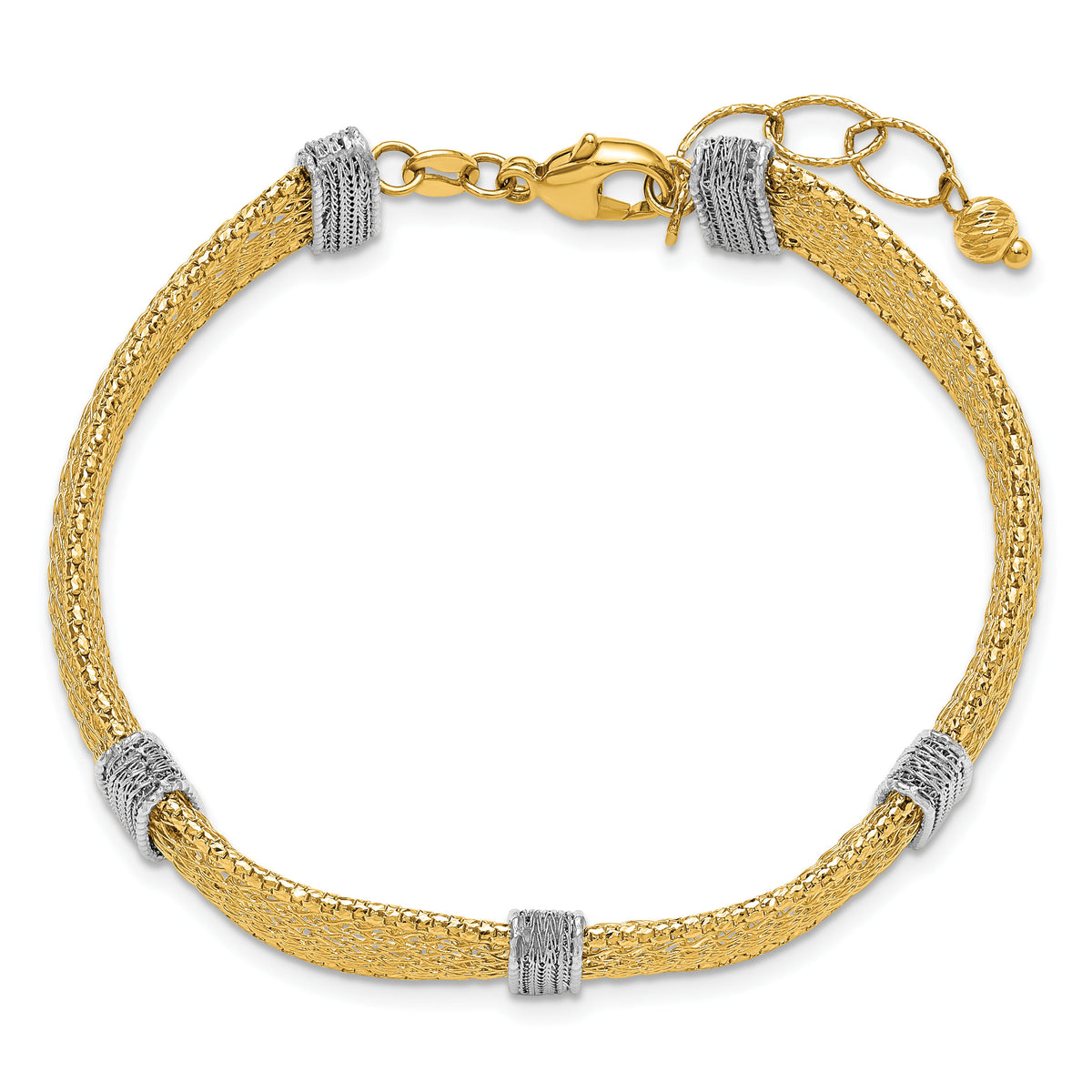 14k Two-tone Textured Mesh 6.75in with 1in ext Bracelet-SF3168-6.75