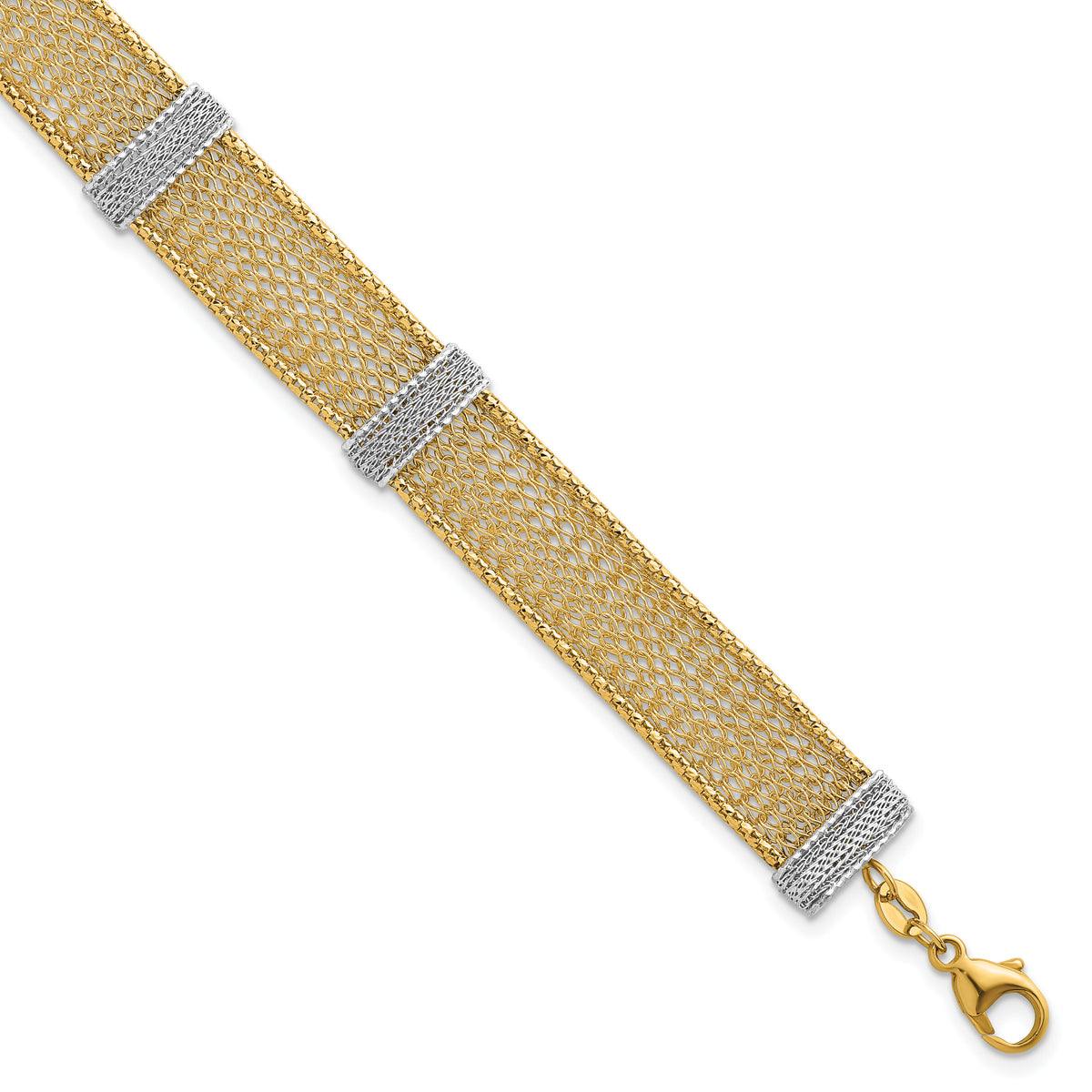 14k Two-tone Textured Mesh 6.75in with 1in ext Bracelet-SF3168-6.75