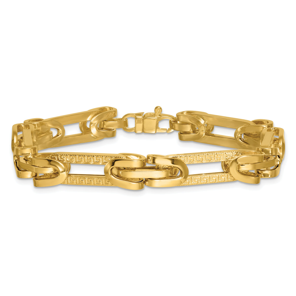 14k Polished & Textured Greek Key Design Oval Link 7.25 in Bracelet-SF3172-7.25