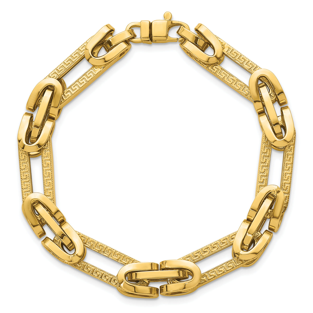 14k Polished & Textured Greek Key Design Oval Link 7.25 in Bracelet-SF3172-7.25