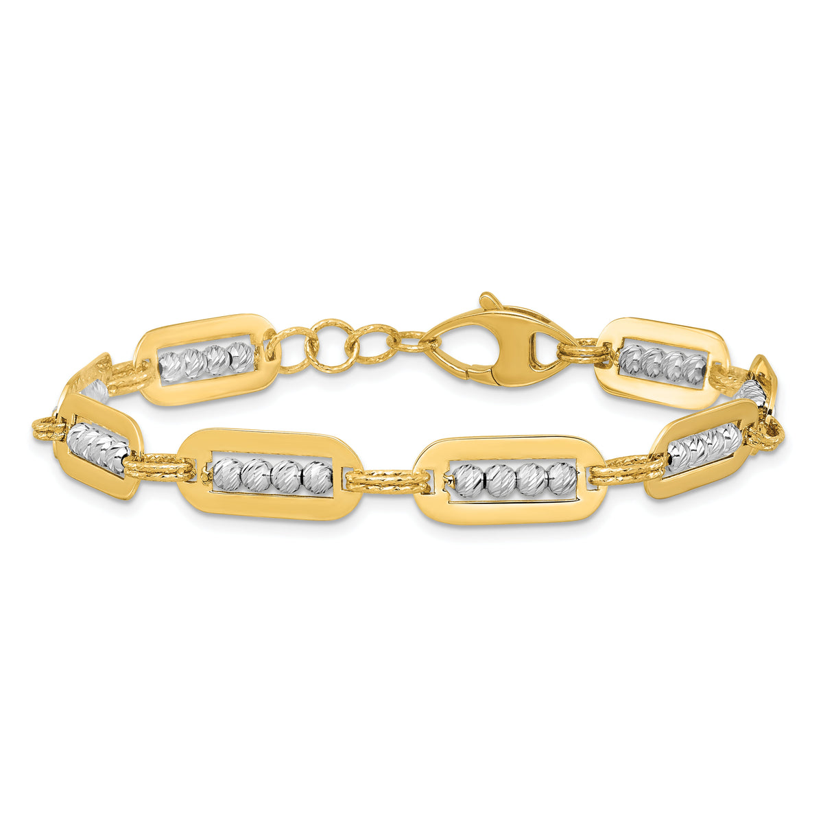 14K Two-Tone Polished Diamond-cut Bead 7.25 w/.5in ext. Bracelet-SF3178-7.25