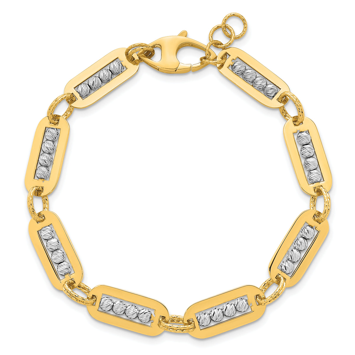 14K Two-Tone Polished Diamond-cut Bead 7.25 w/.5in ext. Bracelet-SF3178-7.25