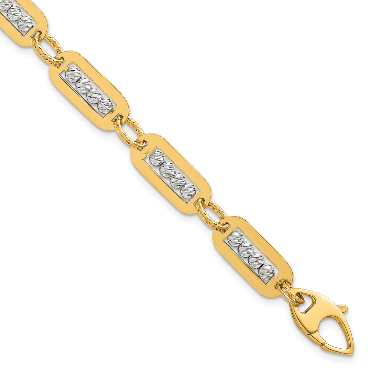 14K Two-Tone Polished Diamond-cut Bead 7.25 w/.5in ext. Bracelet-SF3178-7.25