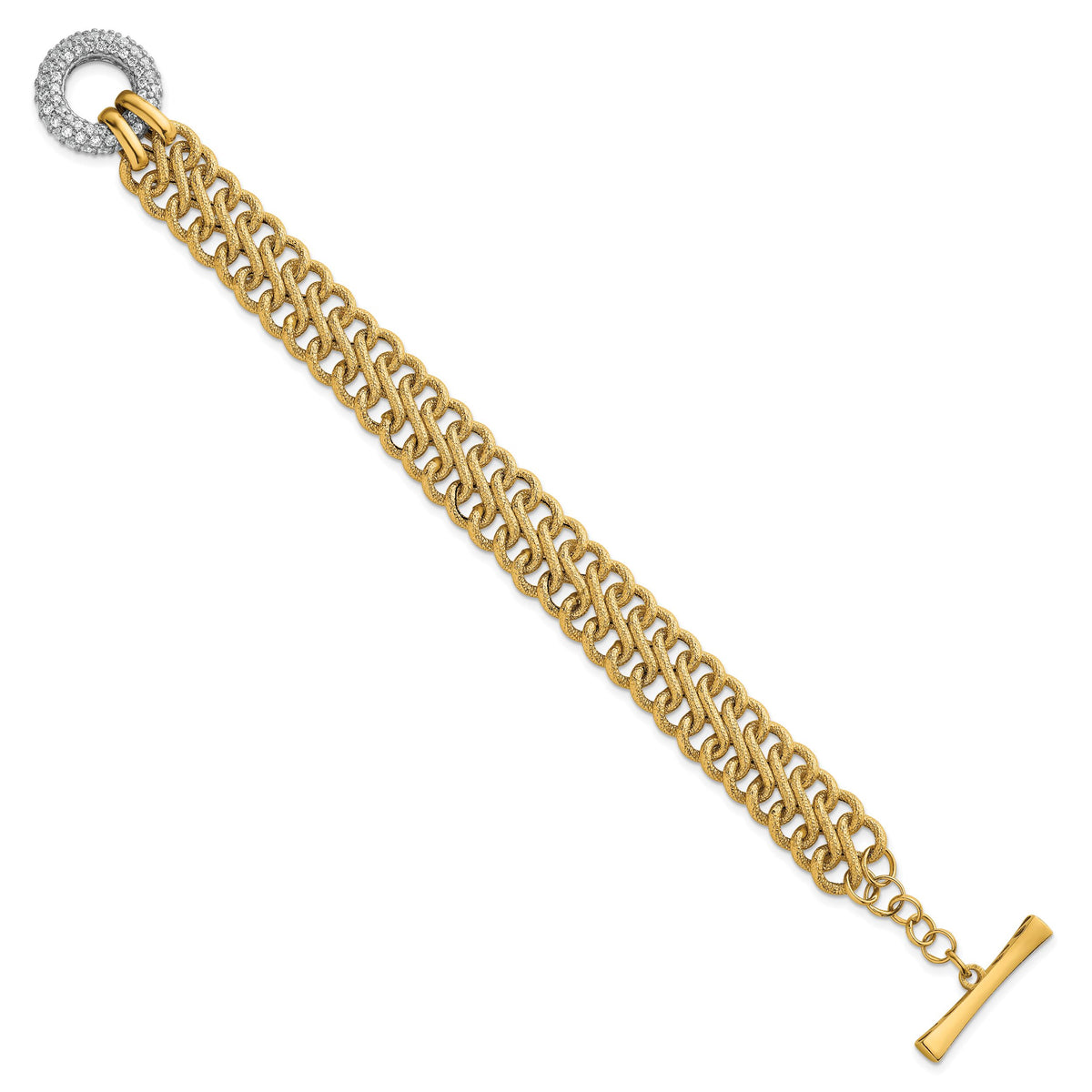 14k w/White Rhodium Textured Fancy Chain CZ Toggle Bracelet-SF3179-7.5