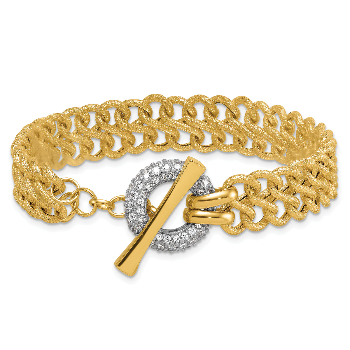 14k w/White Rhodium Textured Fancy Chain CZ Toggle Bracelet-SF3179-7.5