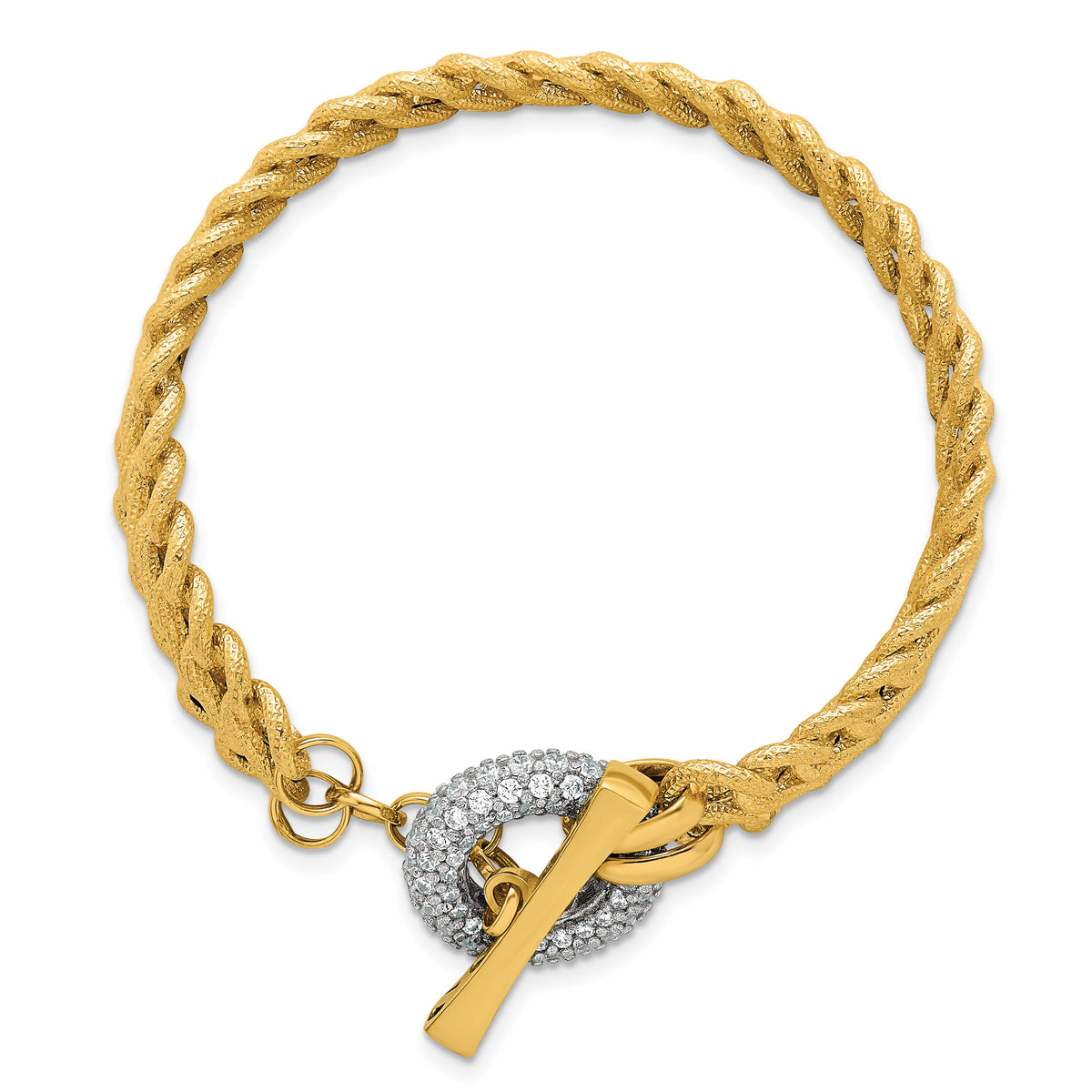 14k w/White Rhodium Textured Fancy Chain CZ Toggle Bracelet-SF3179-7.5