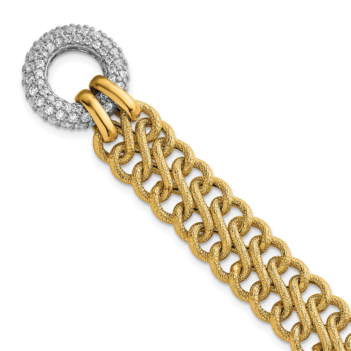 14k w/White Rhodium Textured Fancy Chain CZ Toggle Bracelet-SF3179-7.5