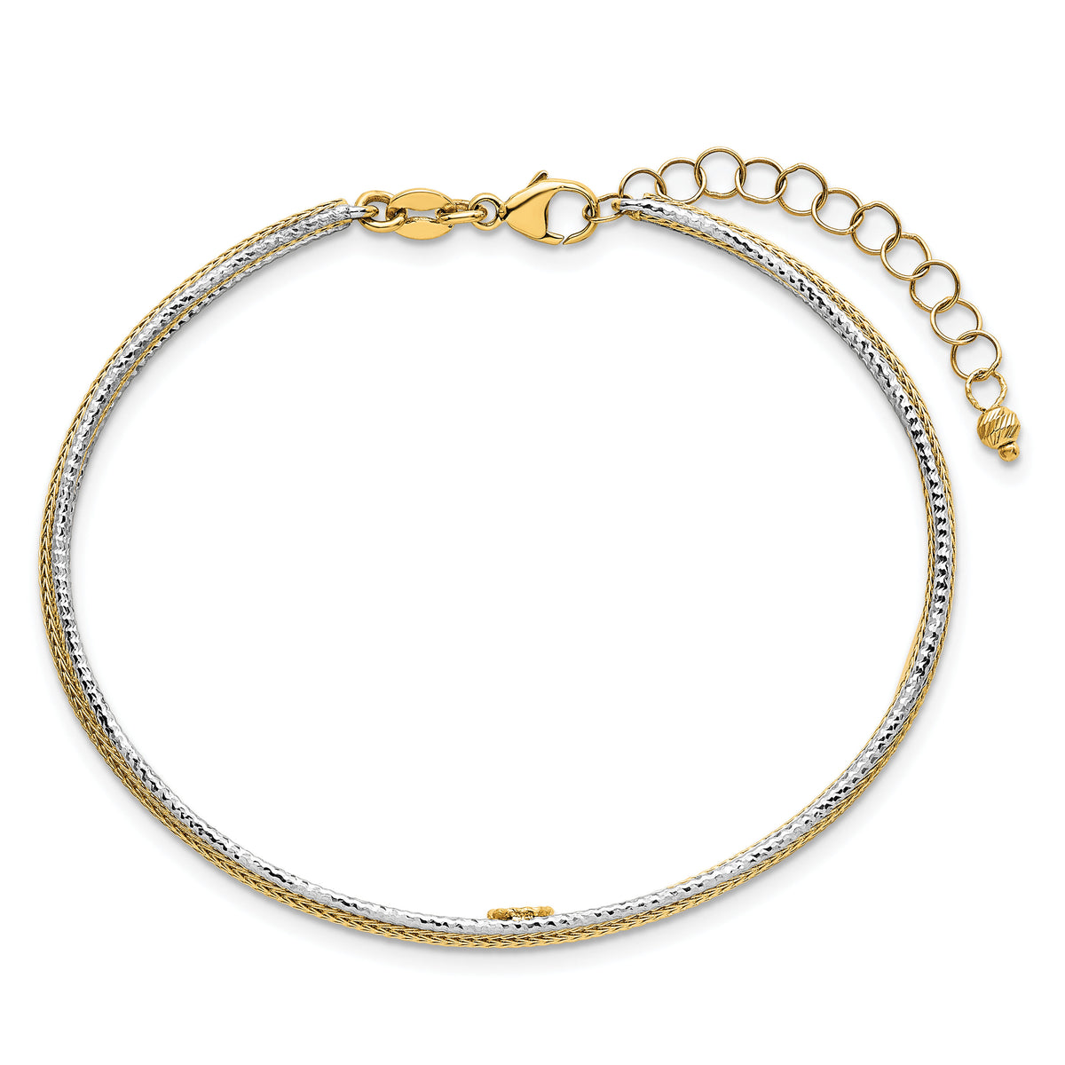 14k Two-Tone Textured Woven Flexible w/1.25 inch ext Bangle Bracelet-SF3203