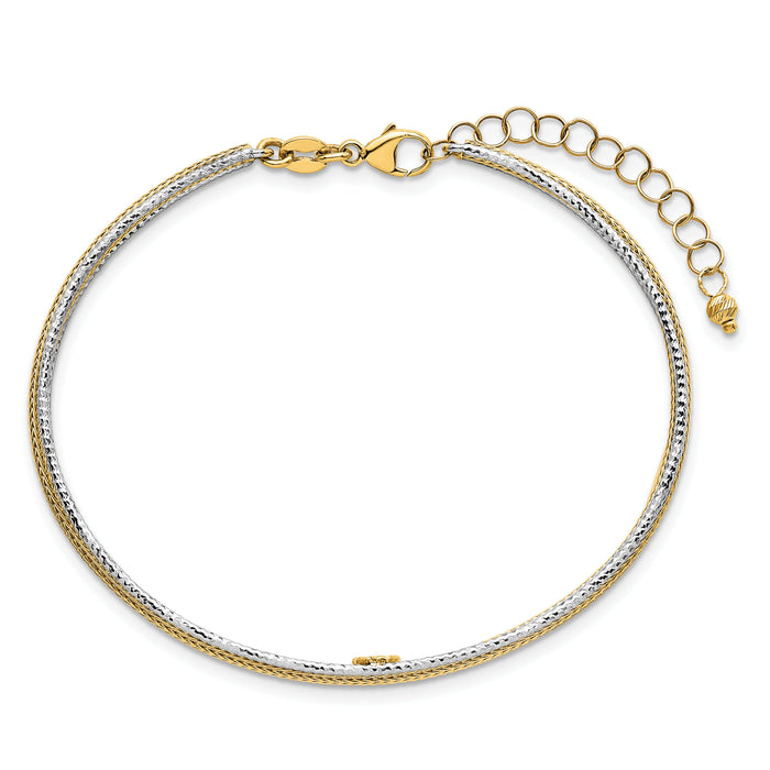 14k Two-Tone Textured Woven Flexible w/1.25 inch ext Bangle Bracelet-SF3203