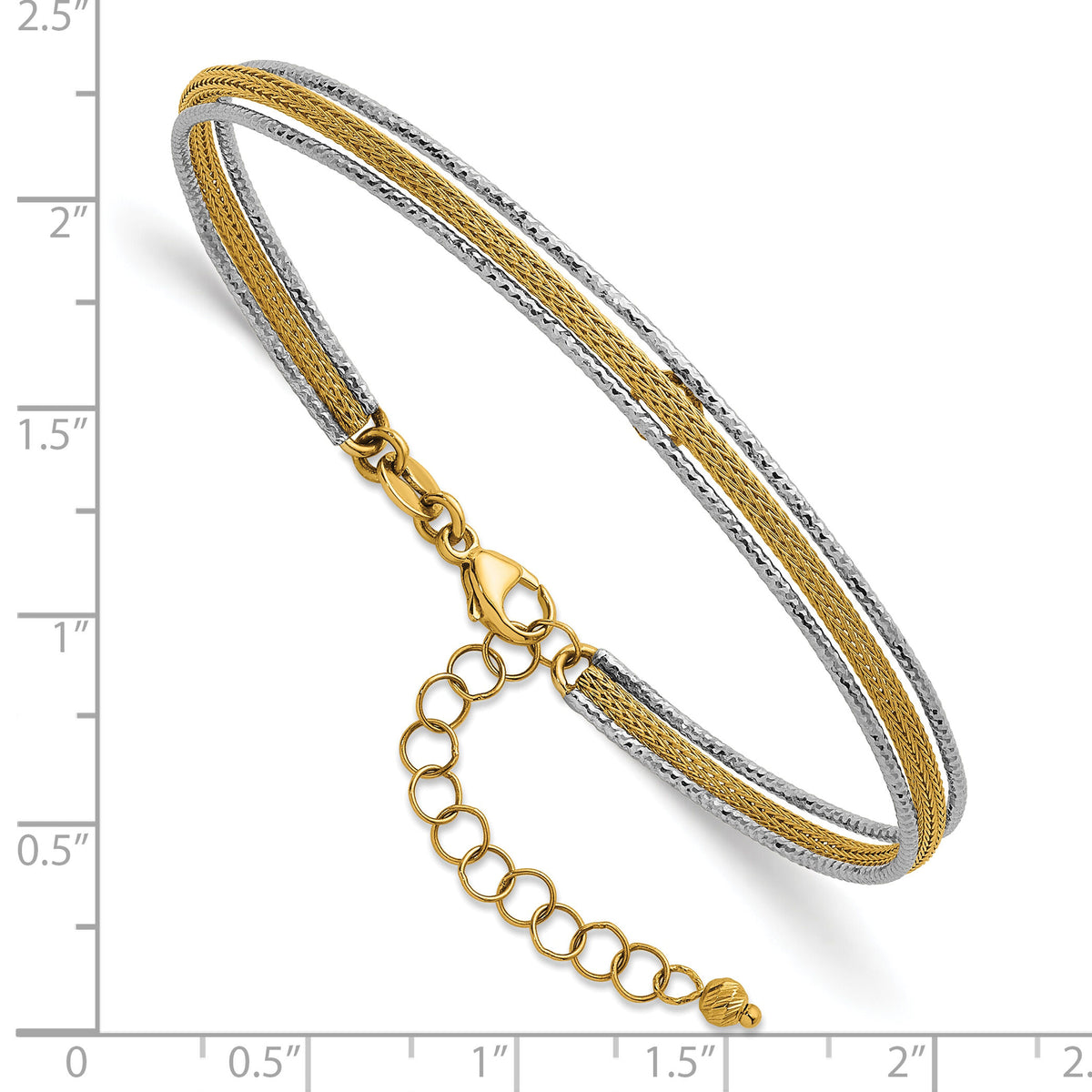 14k Two-Tone Textured Woven Flexible w/1.25 inch ext Bangle Bracelet-SF3203