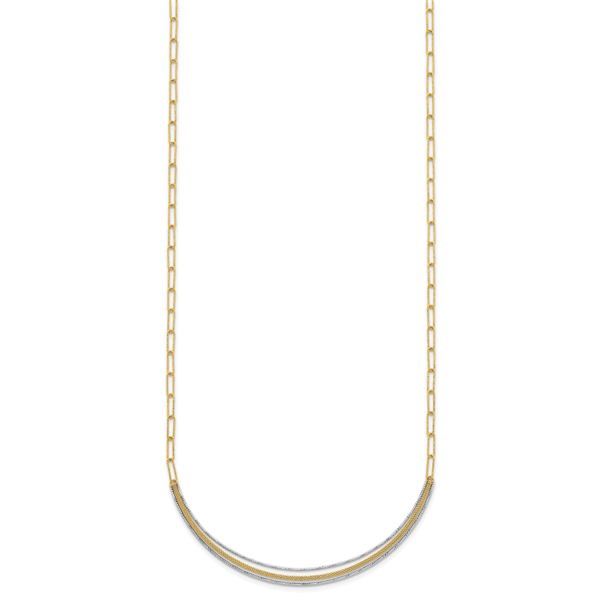14k Two-Tone Textured Long Link w/2 inch ext Woven Smile Bar Necklace-SF3203-17
