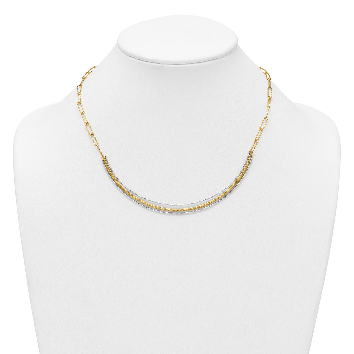 14k Two-Tone Textured Long Link w/2 inch ext Woven Smile Bar Necklace-SF3203-17