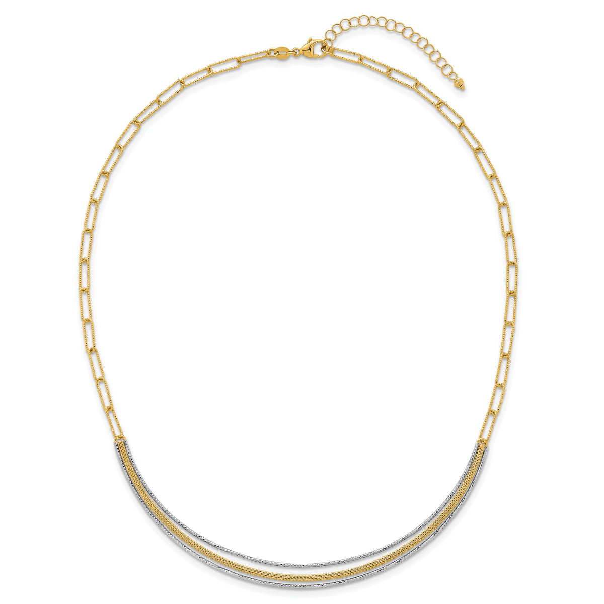 14k Two-Tone Textured Long Link w/2 inch ext Woven Smile Bar Necklace-SF3203-17
