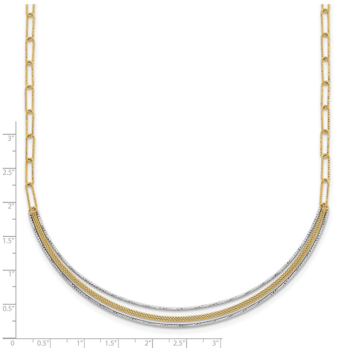 14k Two-Tone Textured Long Link w/2 inch ext Woven Smile Bar Necklace-SF3203-17