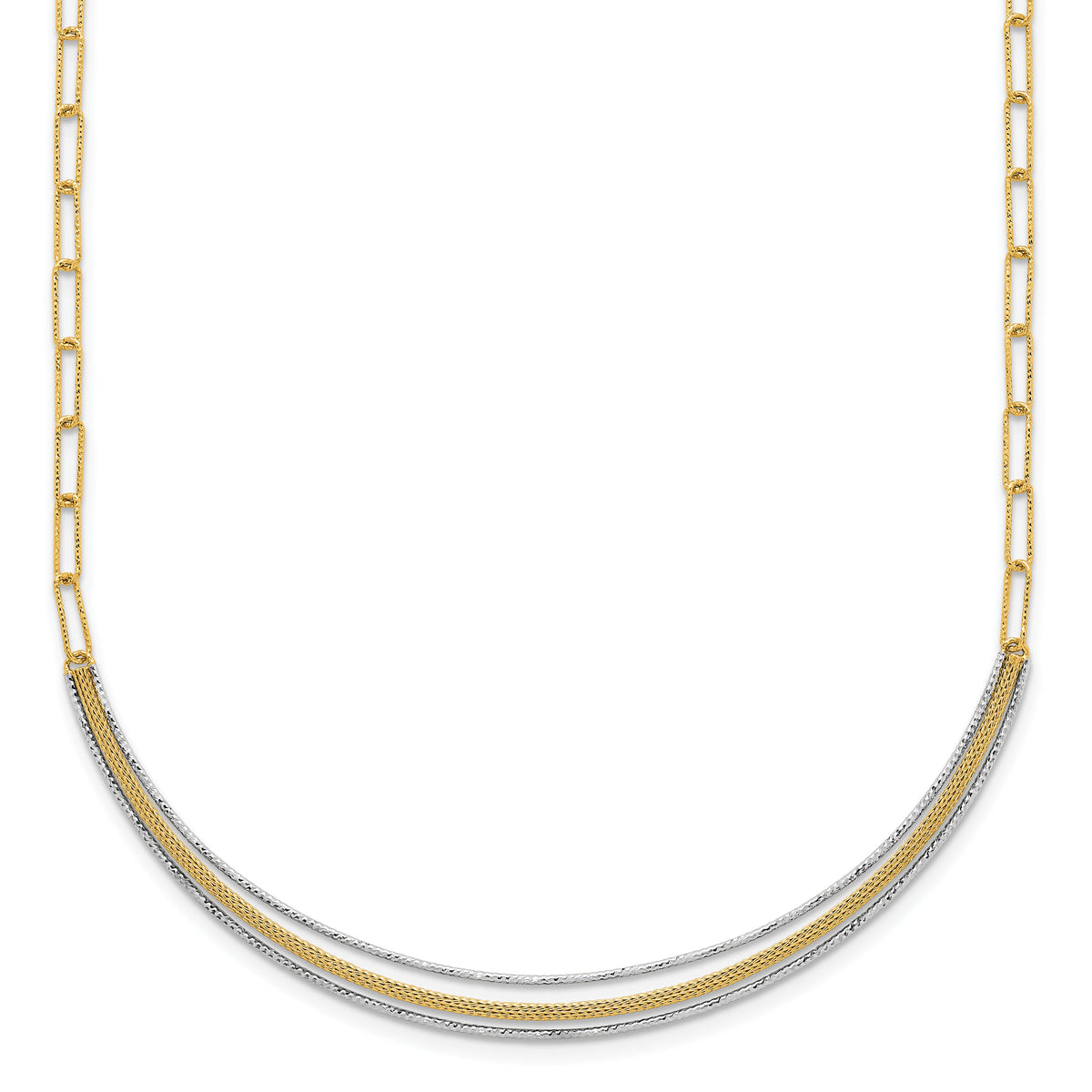 14k Two-Tone Textured Long Link w/2 inch ext Woven Smile Bar Necklace-SF3203-17