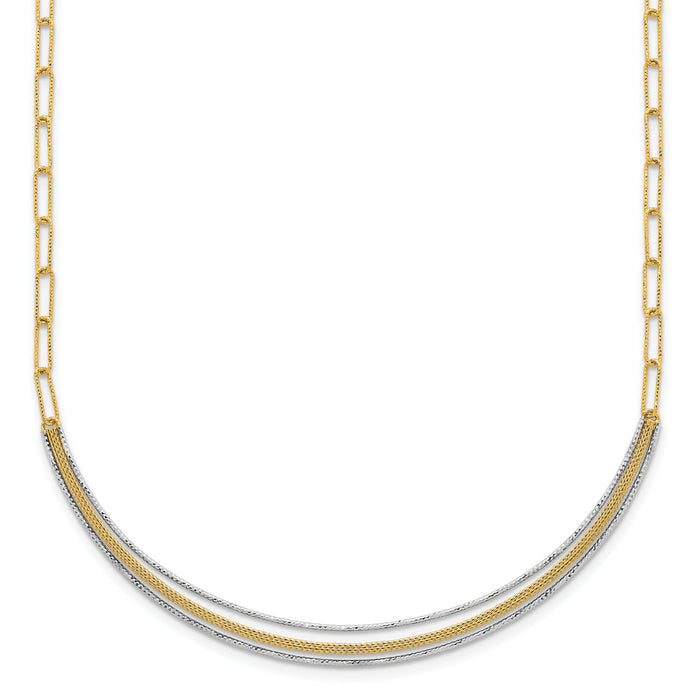 14k Two-Tone Textured Long Link w/2 inch ext Woven Smile Bar Necklace-SF3203-17