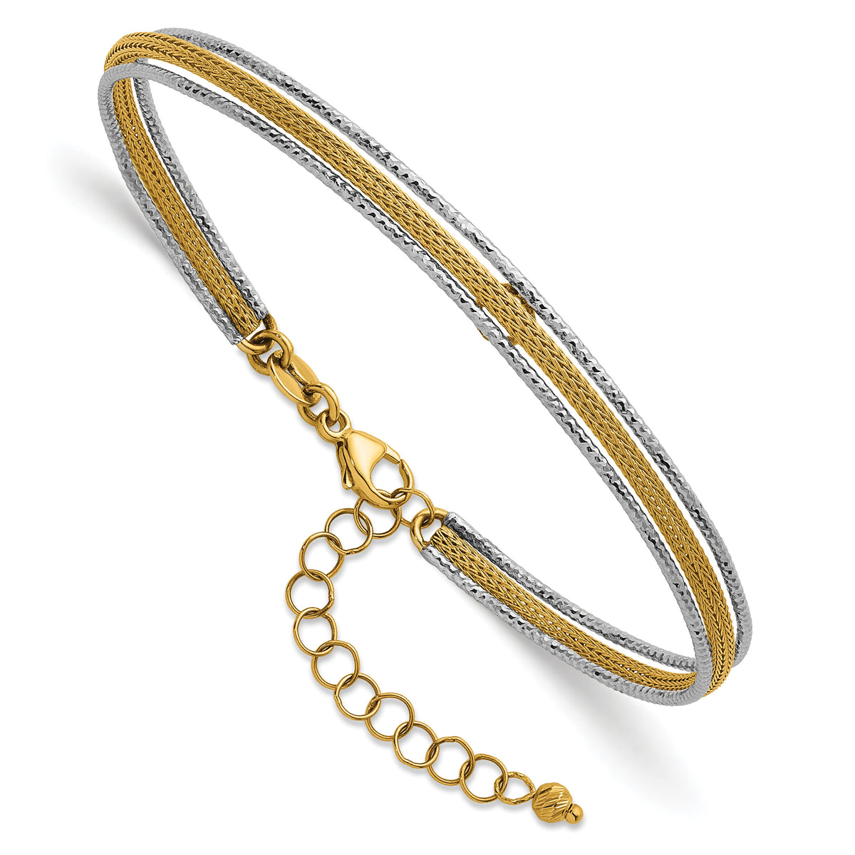 14k Two-Tone Textured Woven Flexible w/1.25 inch ext Bangle Bracelet-SF3203