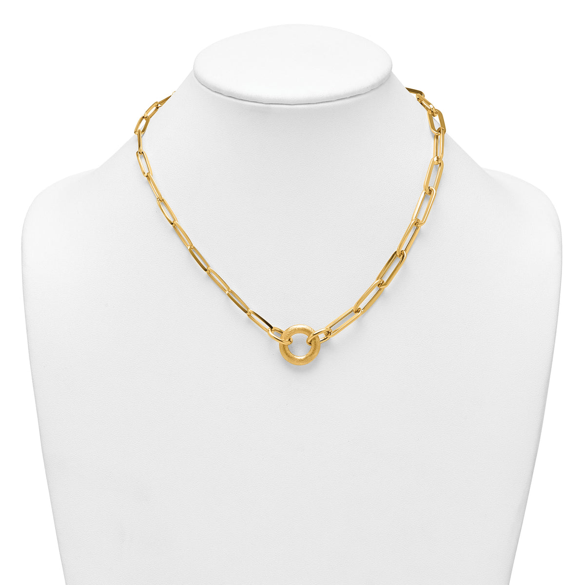 14k Polished And Brushed Paperclip Link With Circle Necklace-SF3252-18