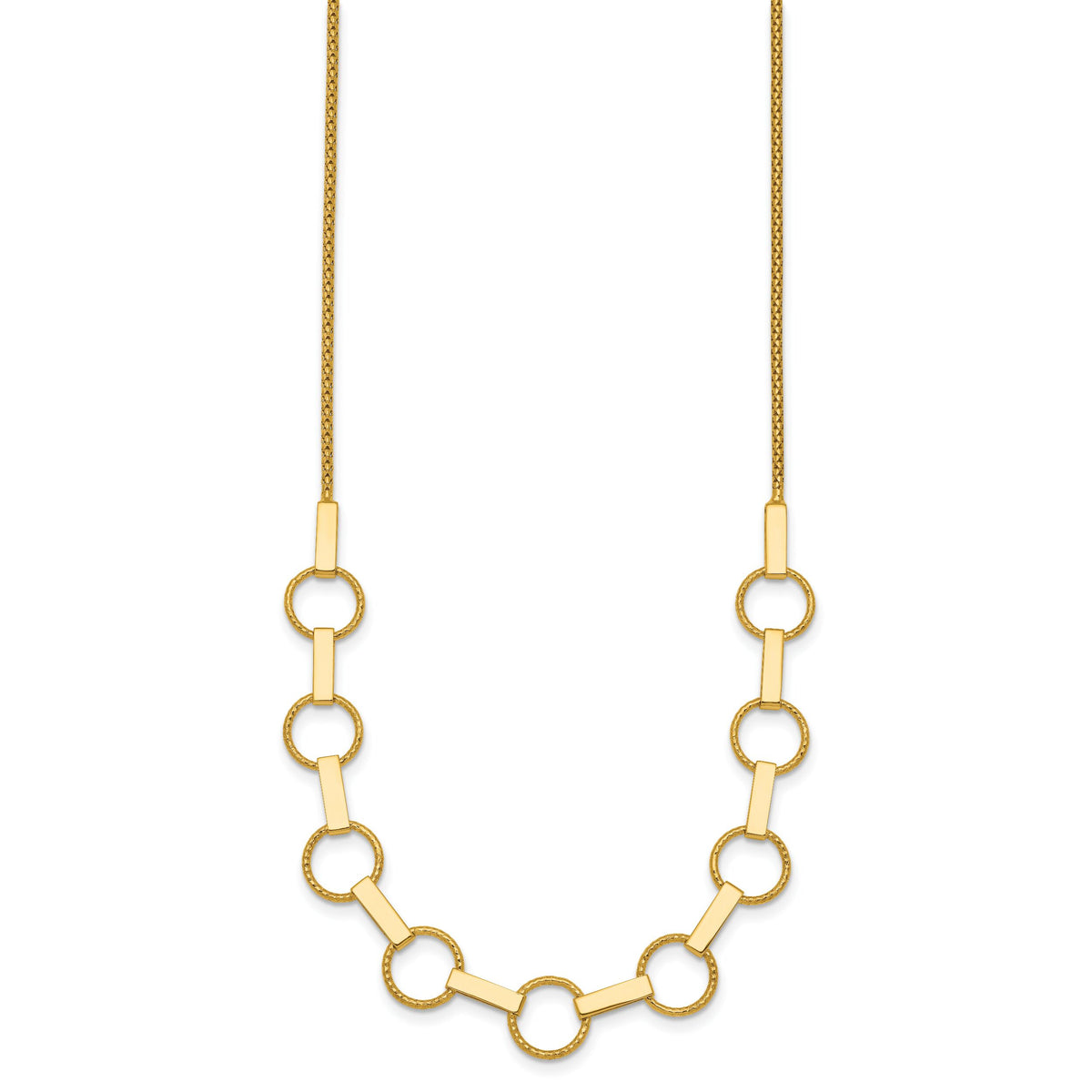 14K Polished and Textured Circles and Bars Necklace-SF3260-17.5