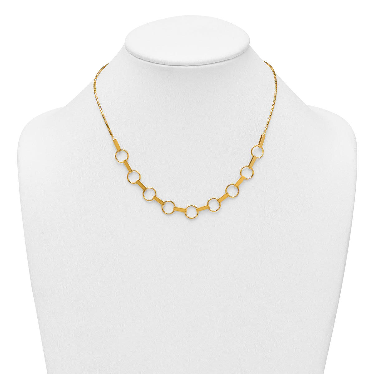 14K Polished and Textured Circles and Bars Necklace-SF3260-17.5