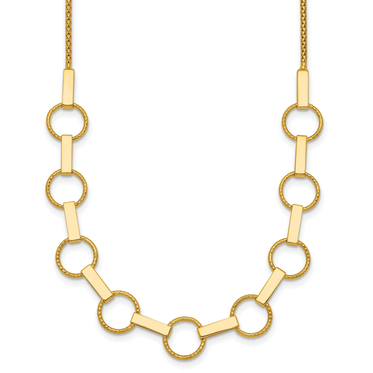 14K Polished and Textured Circles and Bars Necklace-SF3260-17.5