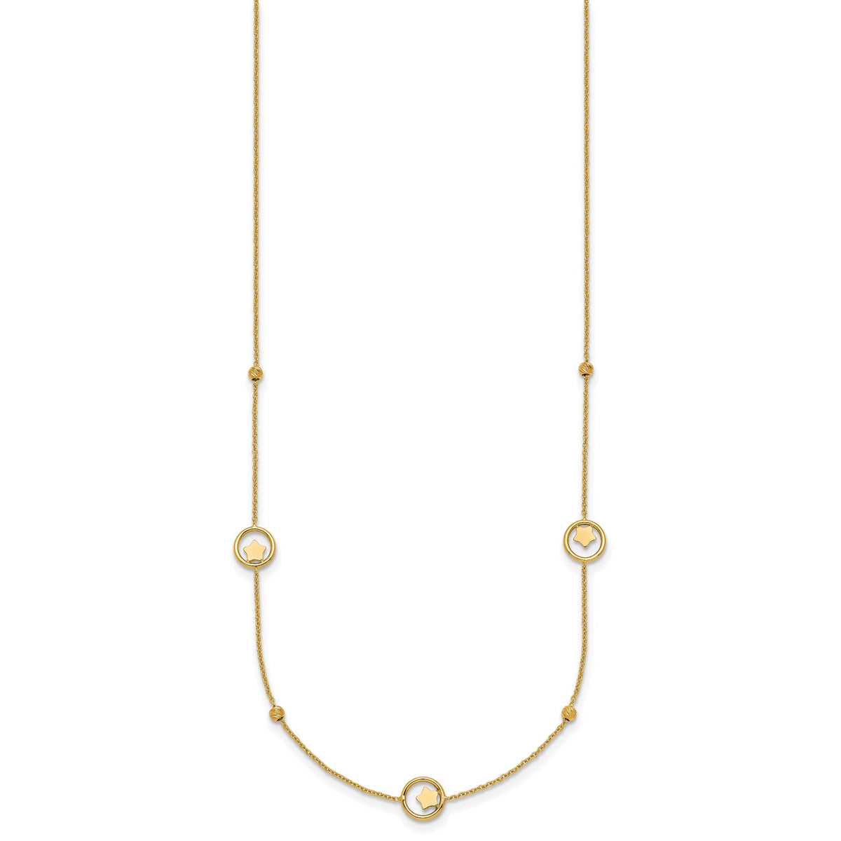 14k Polished Stars in Circle with D/C Beads 16.75in Necklace-SF3261-16.75