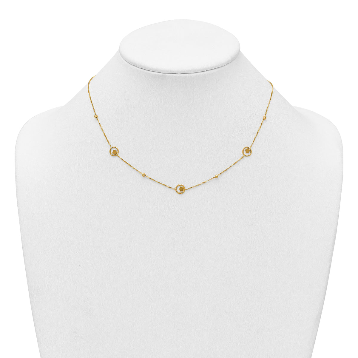 14k Polished Stars in Circle with D/C Beads 16.75in Necklace-SF3261-16.75