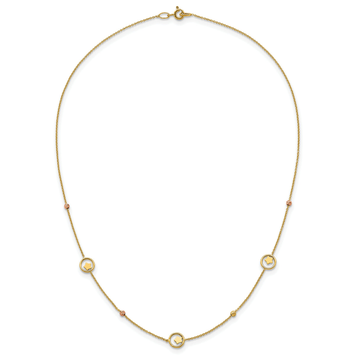 14k Polished Stars in Circle with D/C Beads 16.75in Necklace-SF3261-16.75