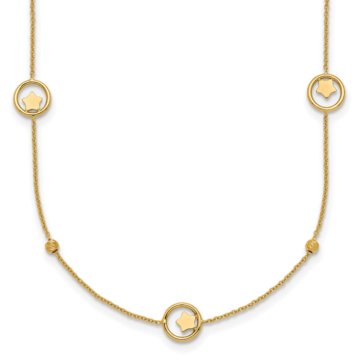 14k Polished Stars in Circle with D/C Beads 16.75in Necklace-SF3261-16.75