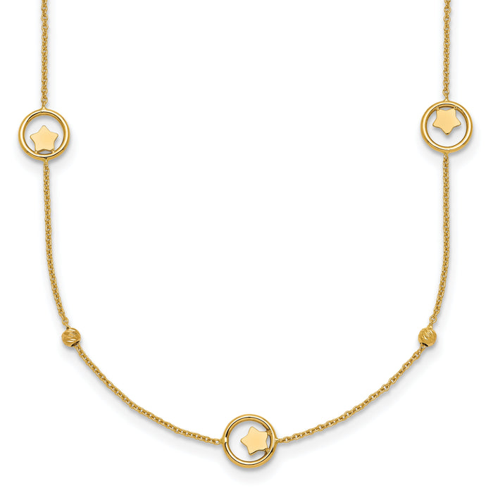 14k Polished Stars in Circle with D/C Beads 16.75in Necklace-SF3261-16.75