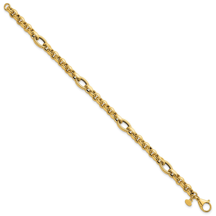 14k Polished and Textured Fancy Link 7.5in Bracelet-SF3267-7.5
