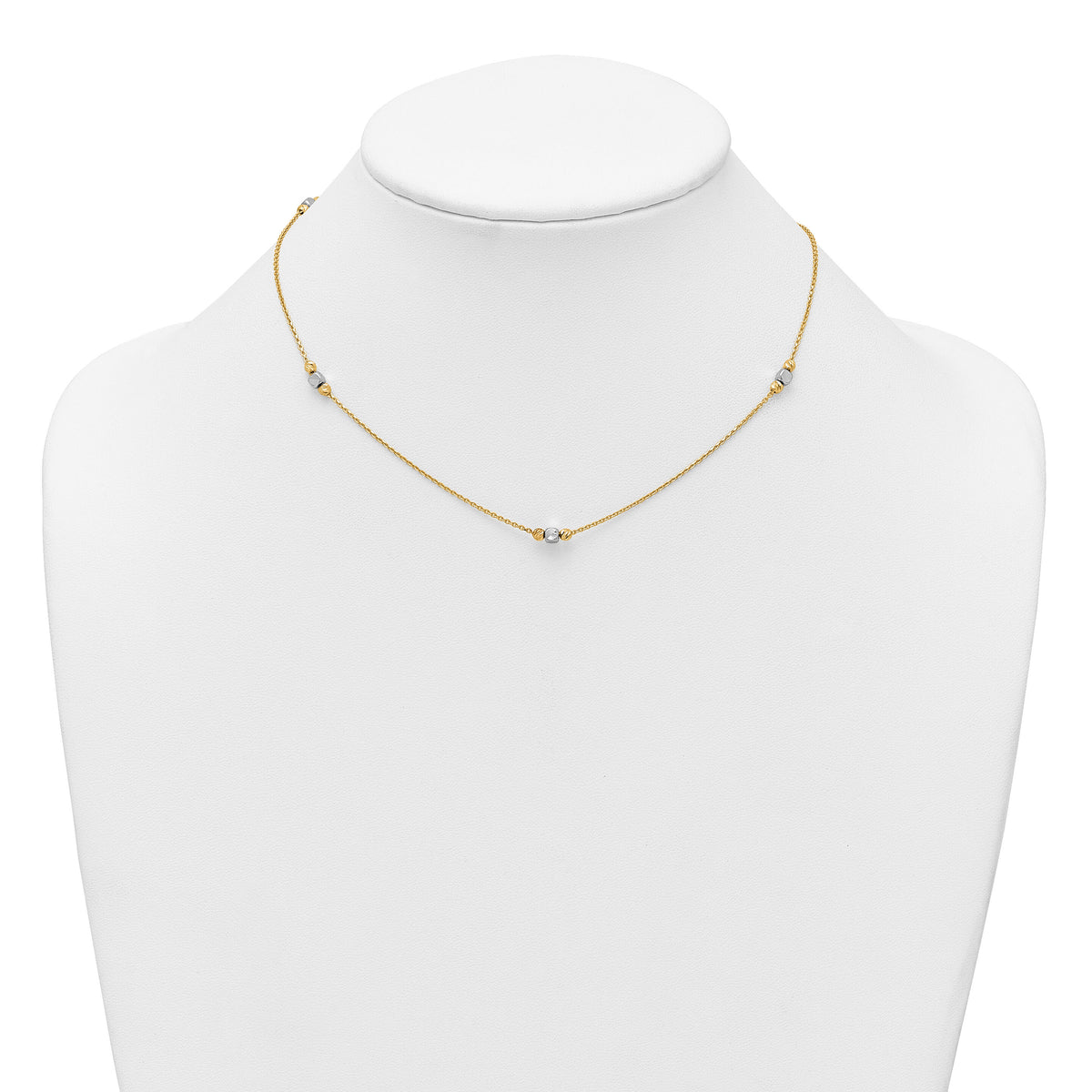 14K Two-Tone Polished Diamond-cut Bead Fancy w/2in ext. Necklace-SF3279-16