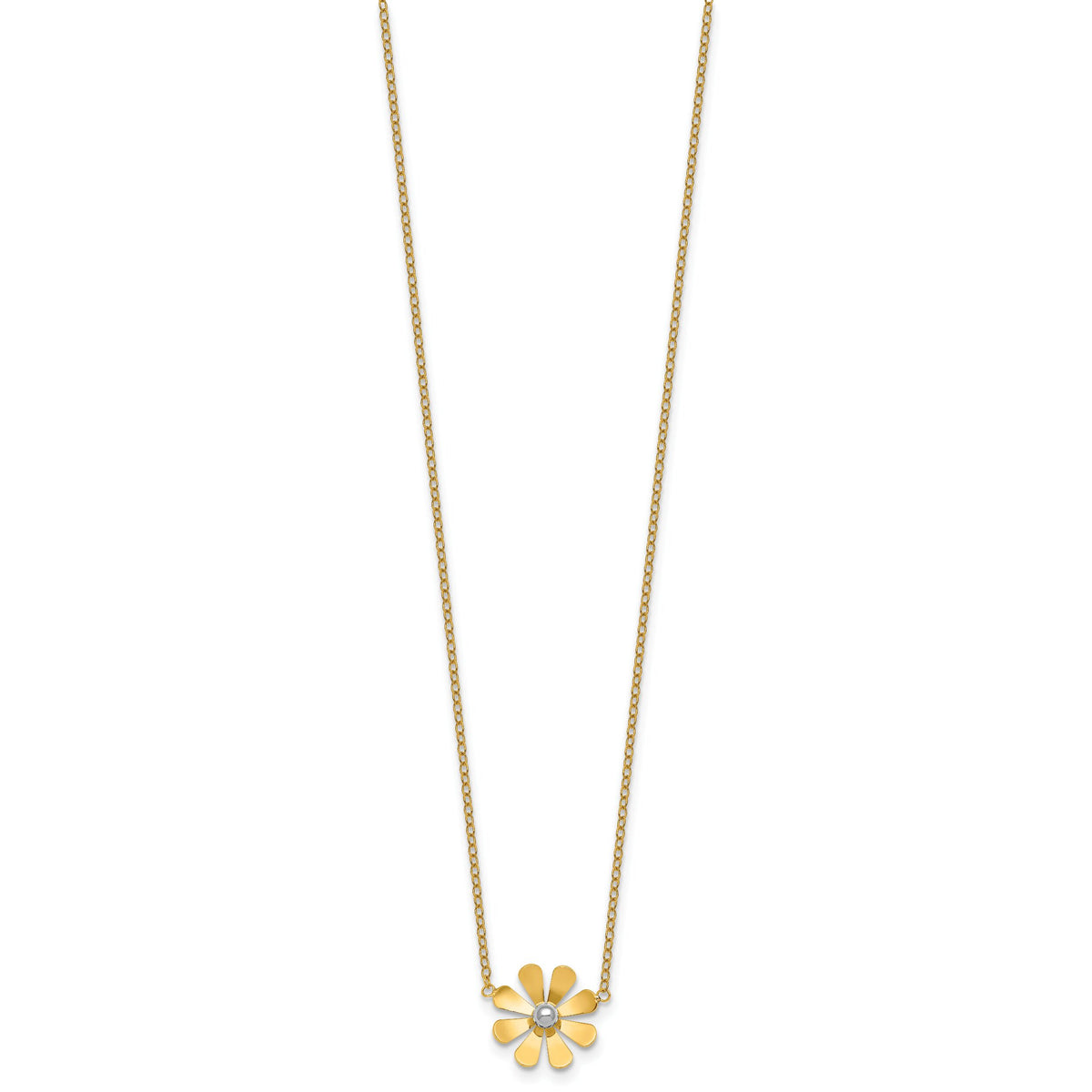 14k w/White Rhodium Polished Daisy 16in With 2in Ext Necklace-SF3282-16
