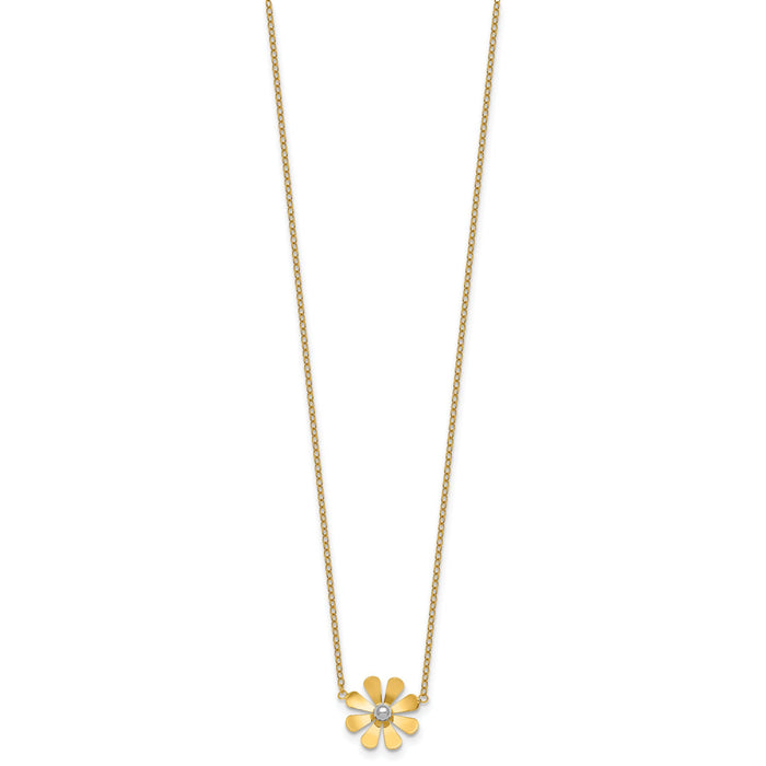 14k w/White Rhodium Polished Daisy 16in With 2in Ext Necklace-SF3282-16
