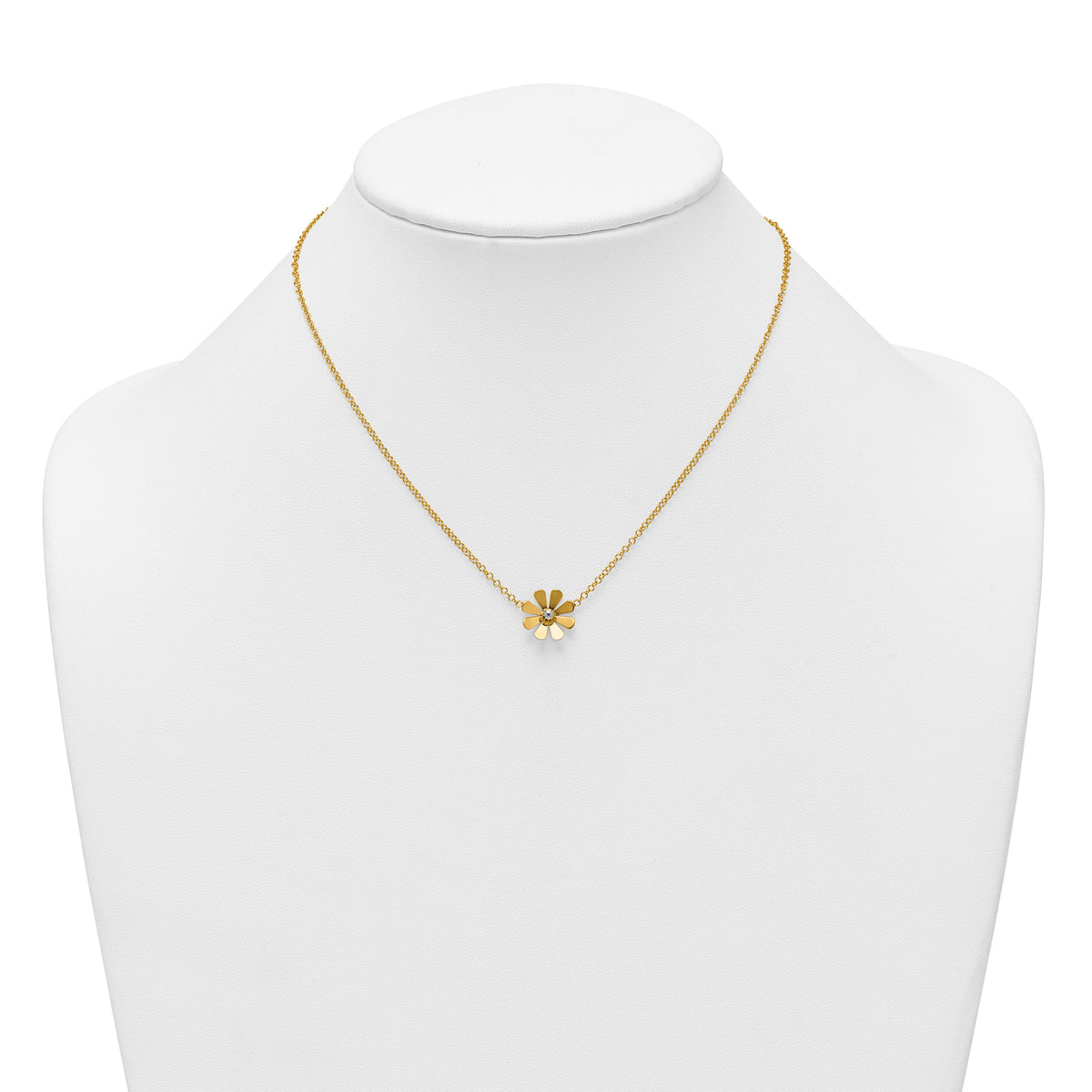 14k w/White Rhodium Polished Daisy 16in With 2in Ext Necklace-SF3282-16