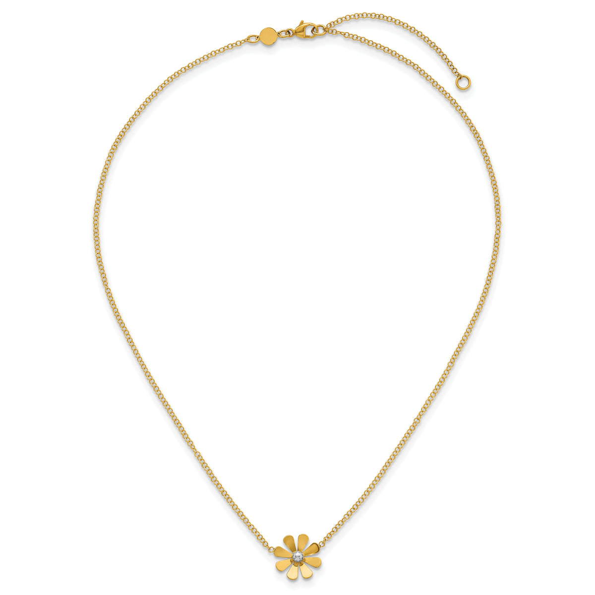14k w/White Rhodium Polished Daisy 16in With 2in Ext Necklace-SF3282-16