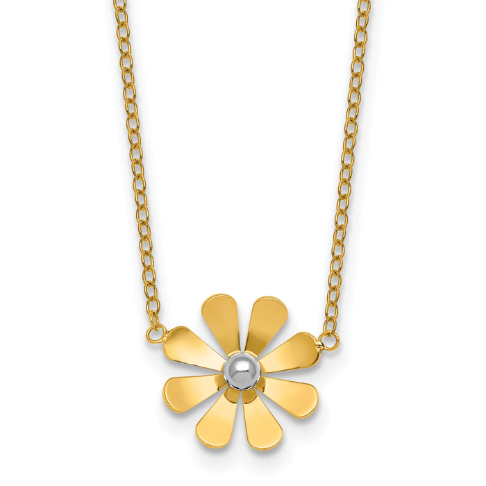 14k w/White Rhodium Polished Daisy 16in With 2in Ext Necklace-SF3282-16