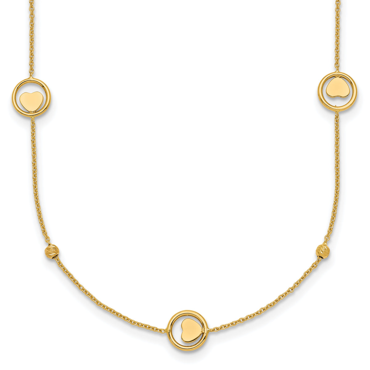 14k Polished Heart in Circle with D/C Beads 16.75in Necklace-SF3283-16.75