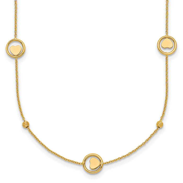 14k Polished Heart in Circle with D/C Beads 16.75in Necklace-SF3283-16.75
